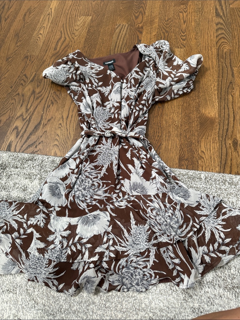 Express Brown and White Floral Midi Wrap Dress